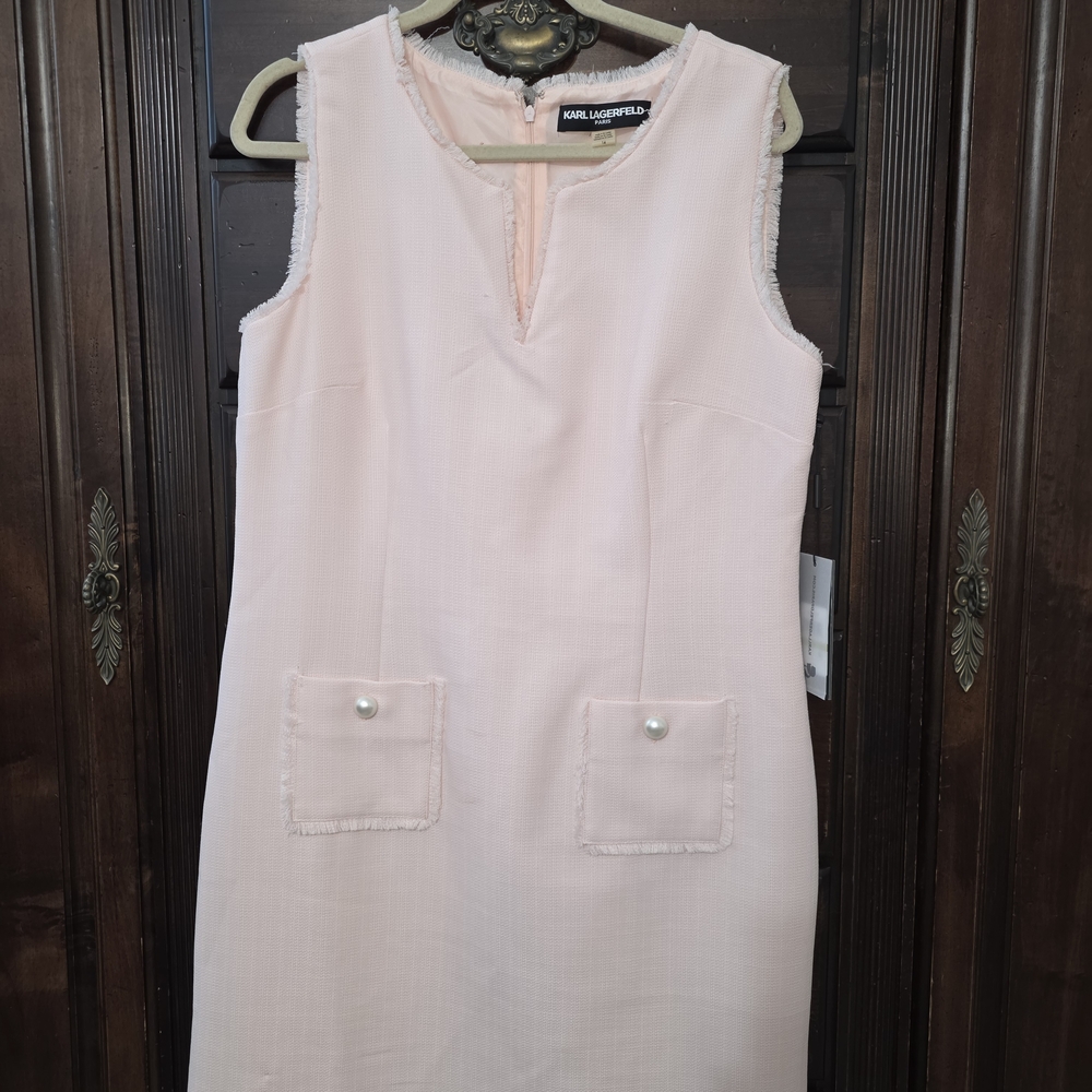 Karl Lagerfeld Pale Pink Sleeveless Shift Dress with Pearl Pocket Accents